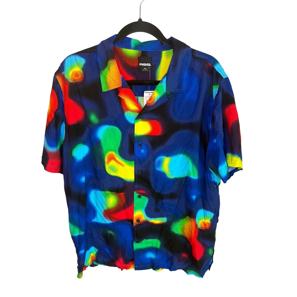 RSQ Mens Abstract Heat Map Thermal Print Rayon Short Sleeve Button Up Shirt L